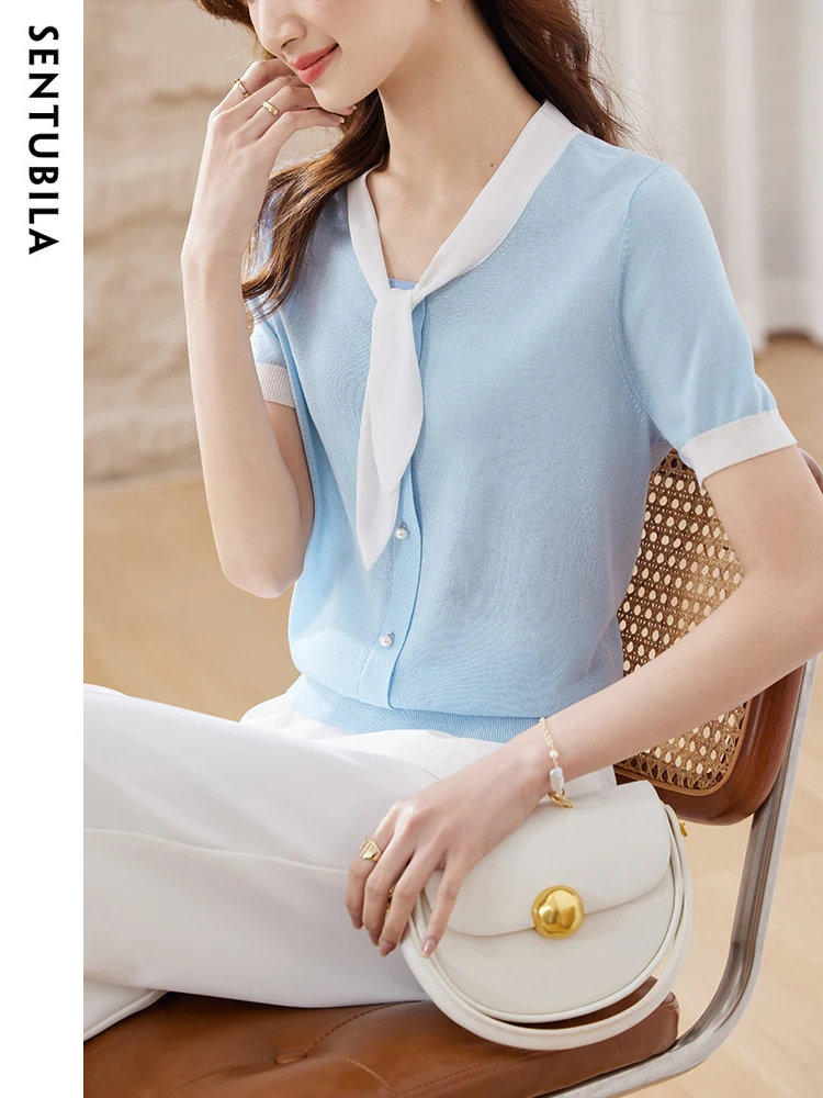 SENTUBILA Elegant Chic Knitwear for Women Fashion Button Gentle Sweater Summer Short Sleeve Office Ladies Knitted Top W32H48909