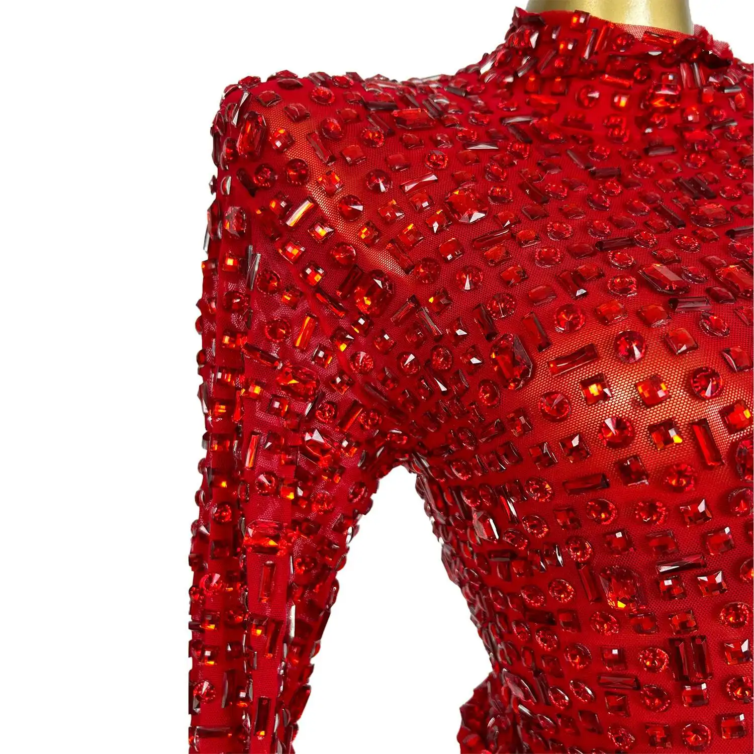 

Red Evening Prom Party Birthday Dress Mesh Show Stage Wear Women Sexy Stage Sparkly Crystals Sequins Mesh Long Dress Hongbei