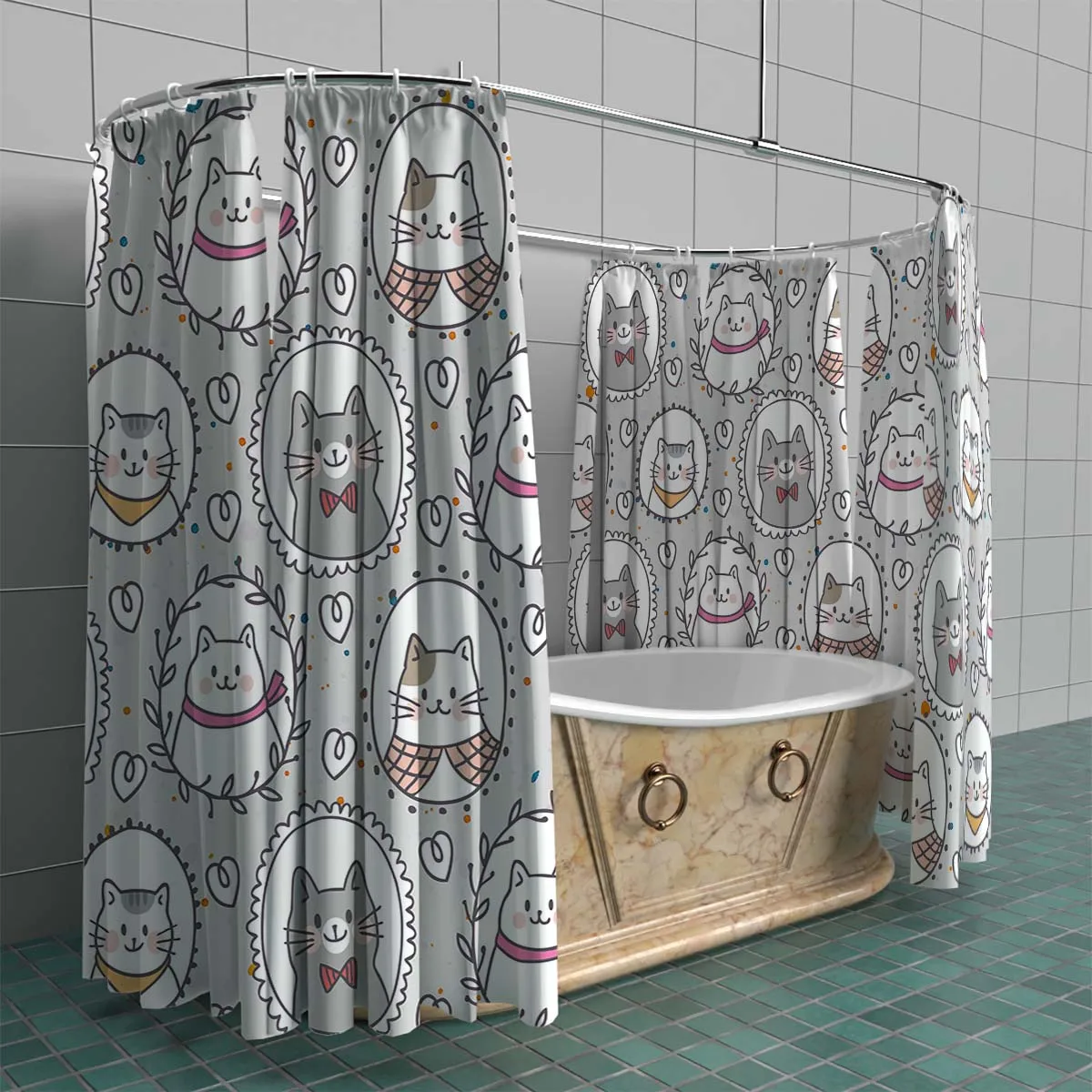 180x180cm bathroom waterproof polyester shower curtain, mold resistant, perforated with hooks, light gray surface for kittens