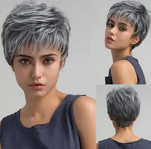 Short Black Root Grey Cut Straight Slight Layered Synthetic Hair Wig