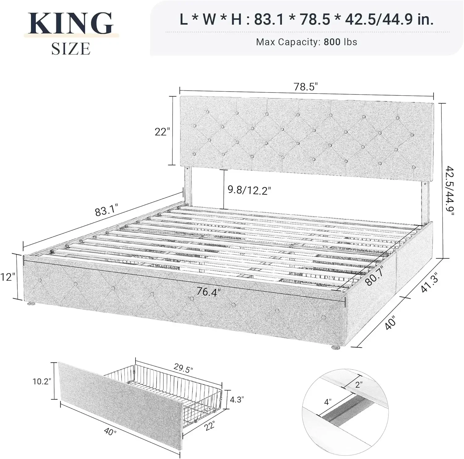 Furniture supplies Allewie Upholstered King Size Platform Bed Frame with 4 Storage Drawers and Headboard, Diamond Stitched Butto