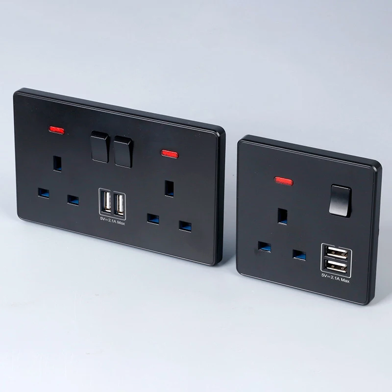 British Standard UK Black Double USB Hong Kong Style 13A Three-Hole USB Socket Panel 146 Type Electric Switch Control Socket