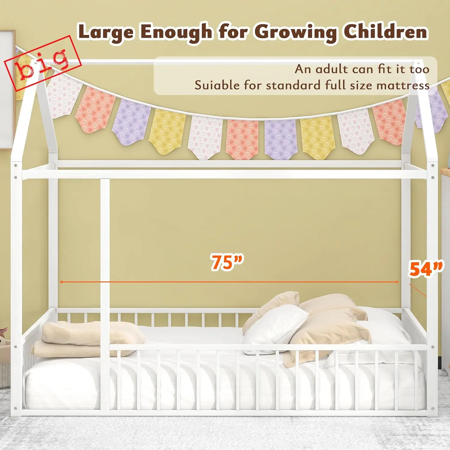 Size Montessori Floor Bed, Metal House Bed Frame, House Floor Bed for Kids, Montessori Floor Bed with Fence, Playhouse for Kids,