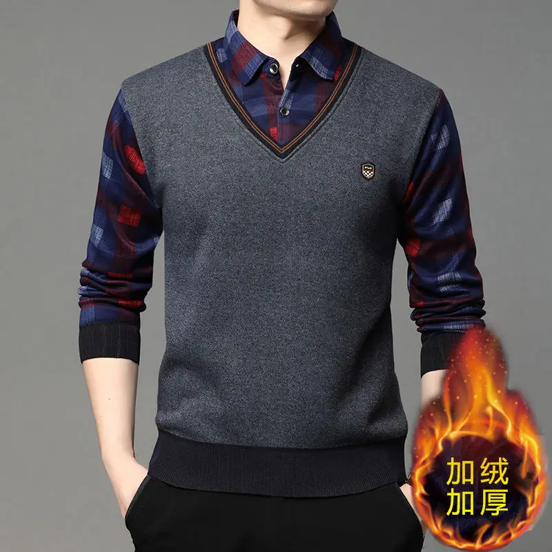 Herren-Langarmshirts mit Fleecefutter, Fake-Two-in-One-Strickhemden, gepunkteter Hemdkragen, V-Ausschnitt, entspannte Passform, warme Oberteile. – Detail 18