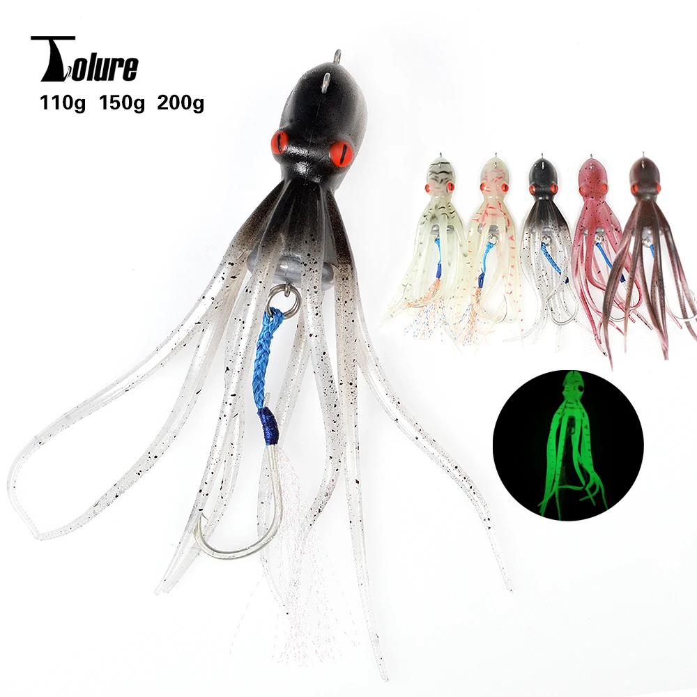 TOLU OCTVADER 110g 150g 200g TPE Octopus Squid Soft Jig UV Luminous Slow Trolling Slow Pitch Jigging Bait With Assist Hooks