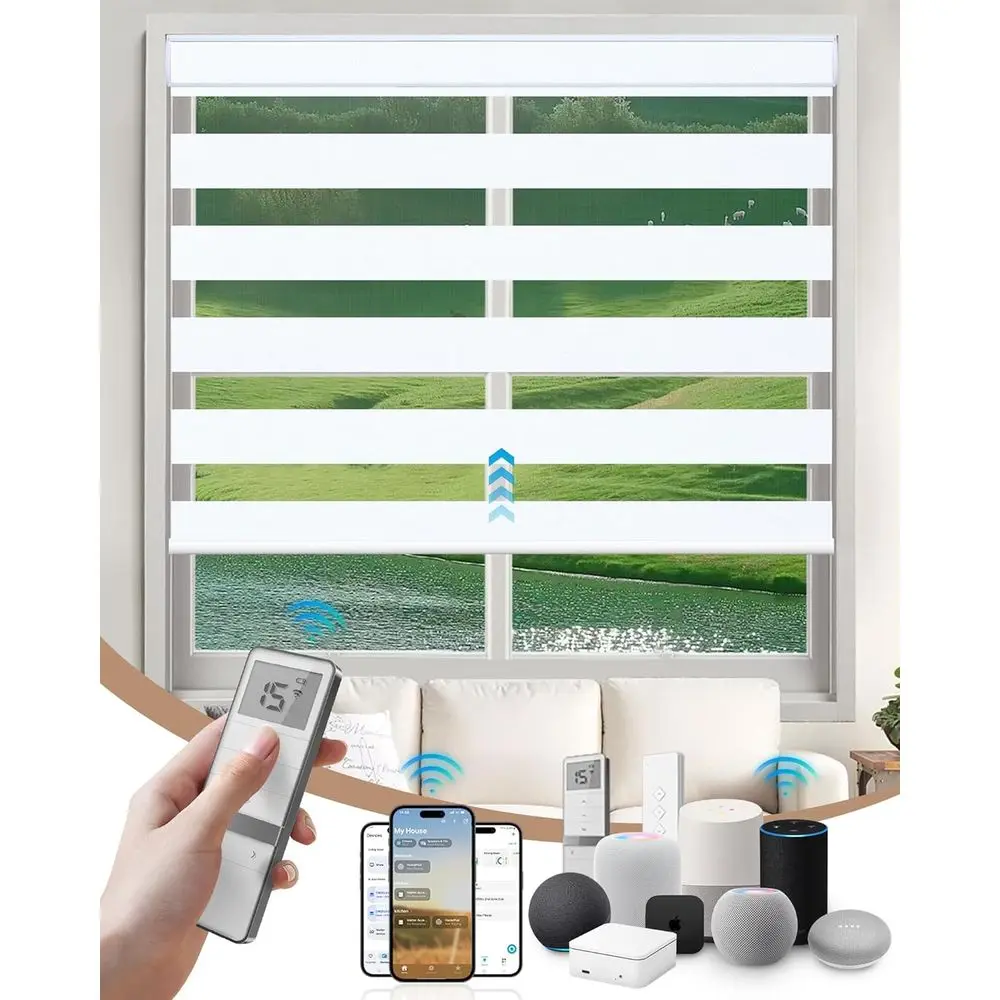 

Smart Home Motorized Blinds with Remote, App, and Voice Control - 100% Blackout White Zebra Shades