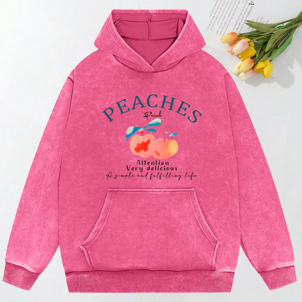 Peaches Attention Very Delicious Printing Washed Clothes Women Comics Hoodie Vintage Fashion Hoodies Autumn Cotton Loose Hoody