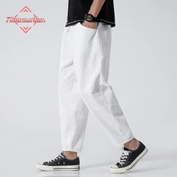 100% Cotton Summer Casual Pants Man Trendy Japanese Cropped Pants Loose Pants Men 5xl