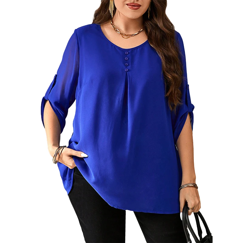 

Топы больших размеров, женские однотонные рубашки с v-образным вырезом и рукавами 3/4, элегантные свободные женские футболки с расклешенными рукавами, размер Inclusive1XL-5XL