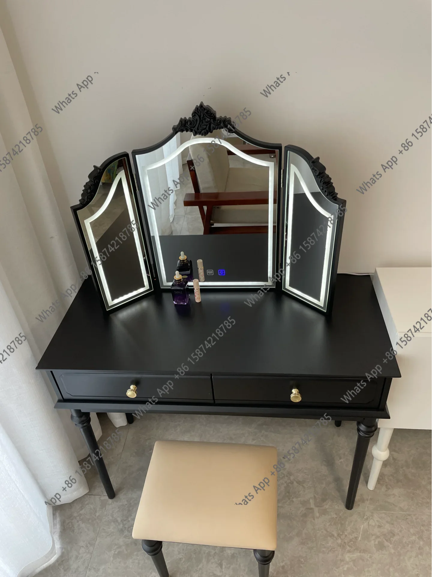 Xx European Vintage Carved Dresser Makeup Mirror Desktop Trifold Mirror Three-sided Folding Mirror Bedroom Decoration French