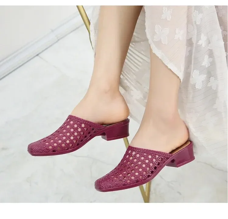 Summer Women Hollow Out Slippers Square Head Mom Shoes Cool Slippers Work Shoes Casual Style Black Red Wine Red Pvc Material