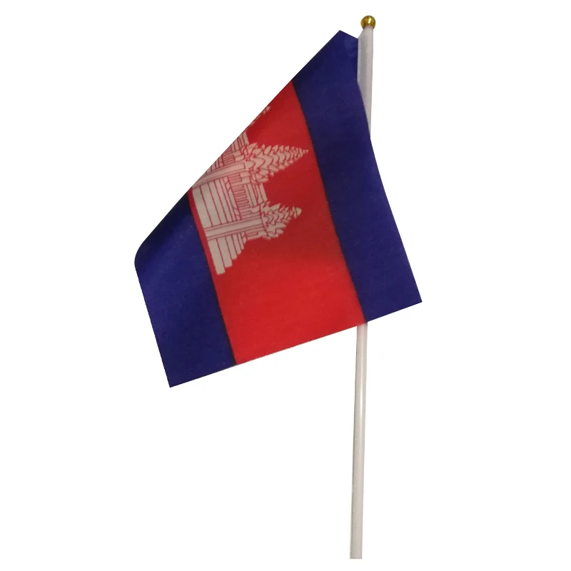 xvggdg  50pcs 14 * 21cm National Flag Cambodia  hand  flags  with plastic flagpole Polyester Printing flag