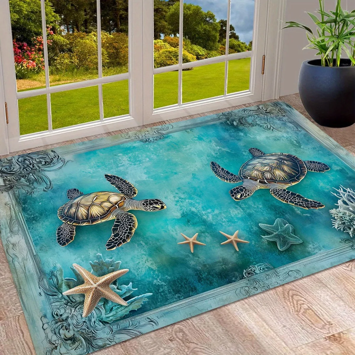 1pc 2D Flat Sea Turtles Starfish Ocean Relief Flannel Door Mat Non Slip Marine Life Rug For Entryway Bathroom Floor