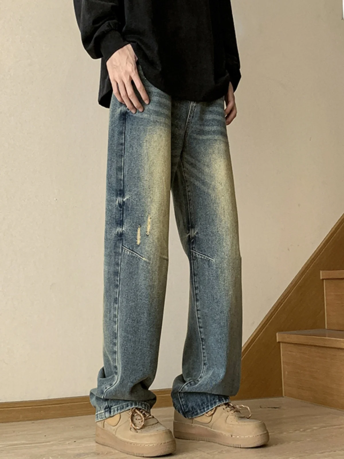 

Washed Vintage Men's Jeans American Retro Straight Leg Workwear Trousers Spring Autumn Cleanfit Wide Leg Long Pants