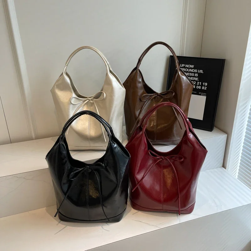 LEFTSIDE Bow Design Big PU Leather Shoulder Bags For Women 2024 Y2K Korean Fashion Trend Female Hobo Bag Lady Handbags Tote Bags