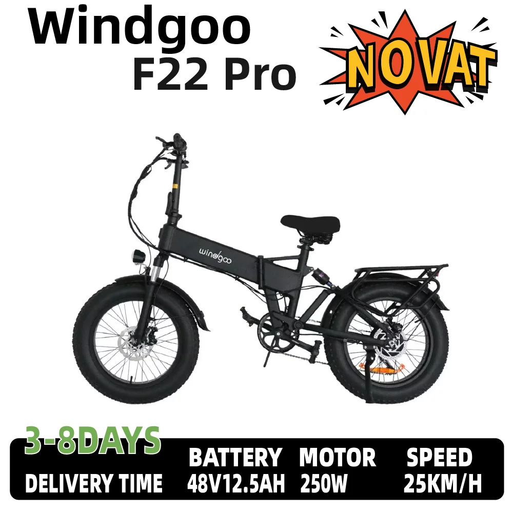 Vélo électrique pliable Windgoo F22 Pro, modèle premium unisexe pour adultes, moteur 250W, batterie 48V 12.5Ah, pneus larges de 20 pouces