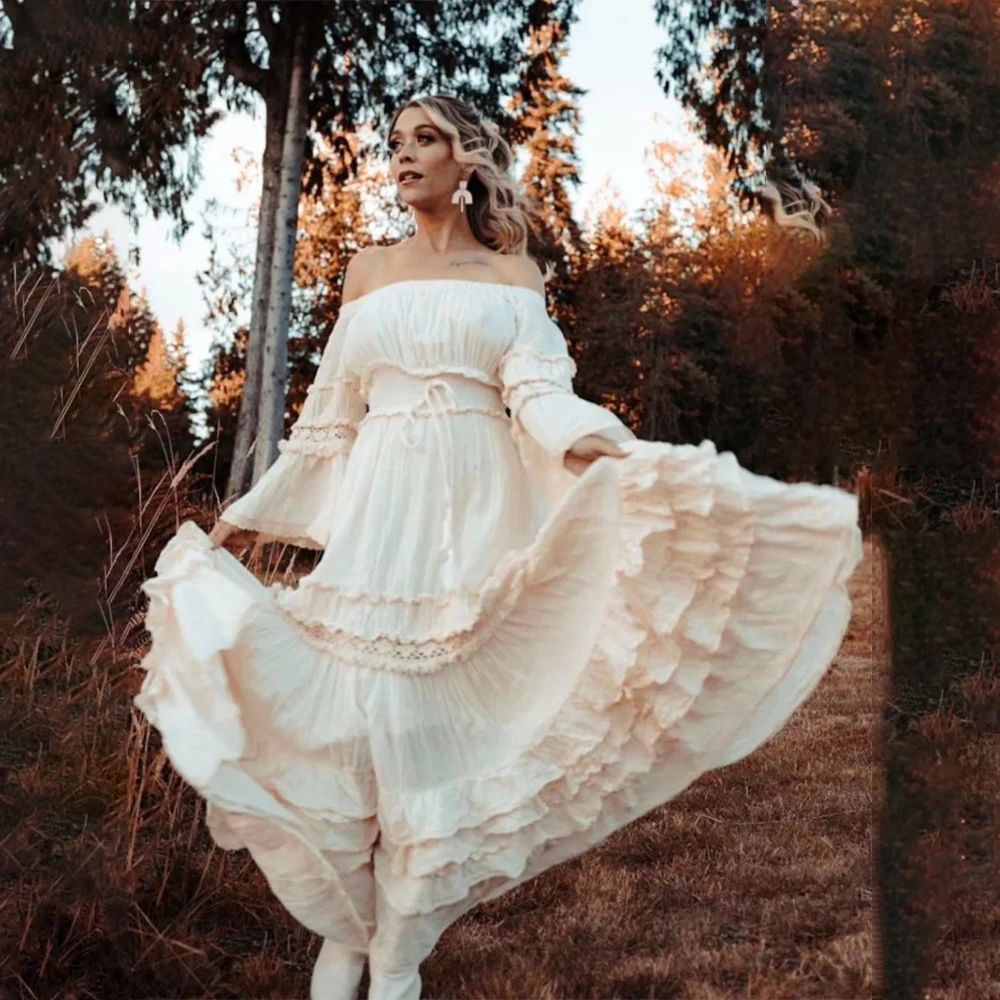 

Boho Beige Maternity Photo Shoot Dress Off Shoulder Ruffle Maxi Dress With Ruffle For Beach Pregnancy Photography Baby Bump Gown