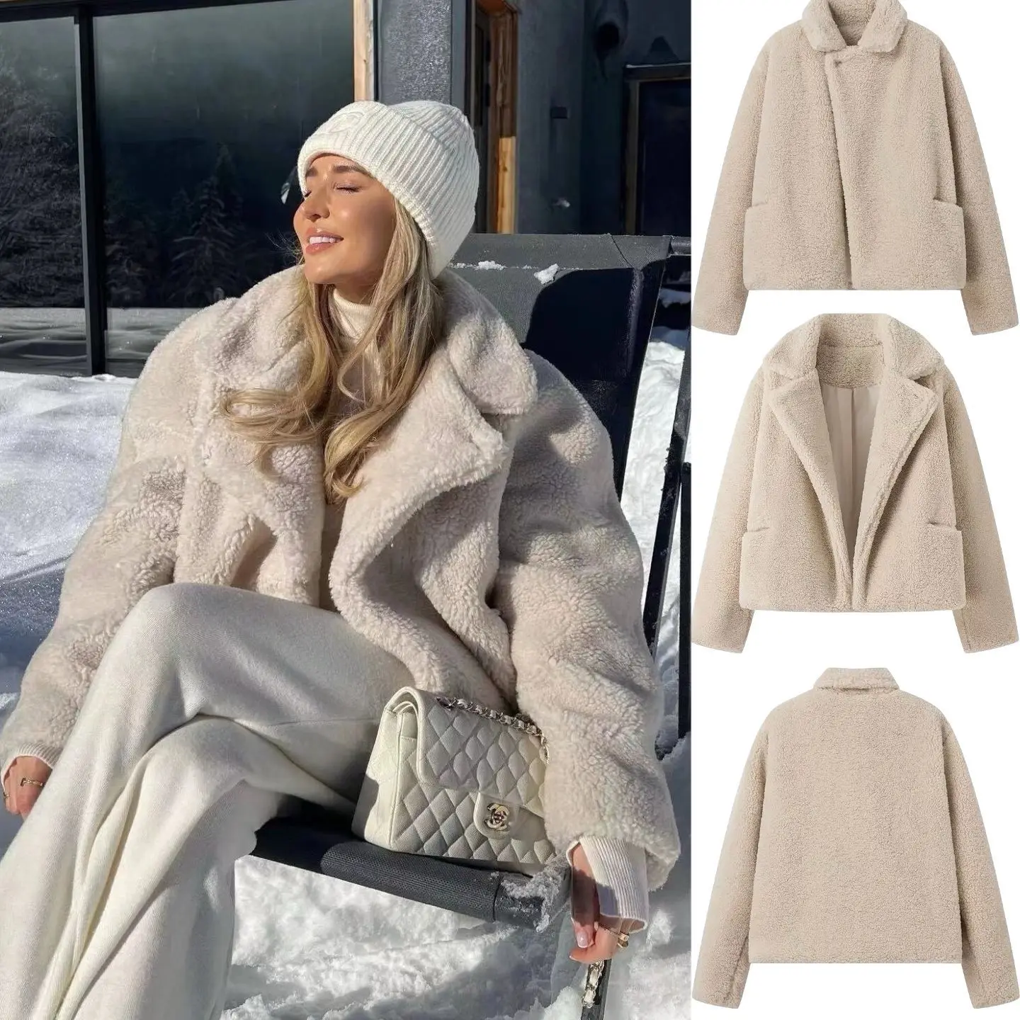 

2025 Beige Women's Winter Plush Coat Lapel Collar Fleece Lambwool Fur One Button Female's Jakcet Warm Casual Overcoat For Lady