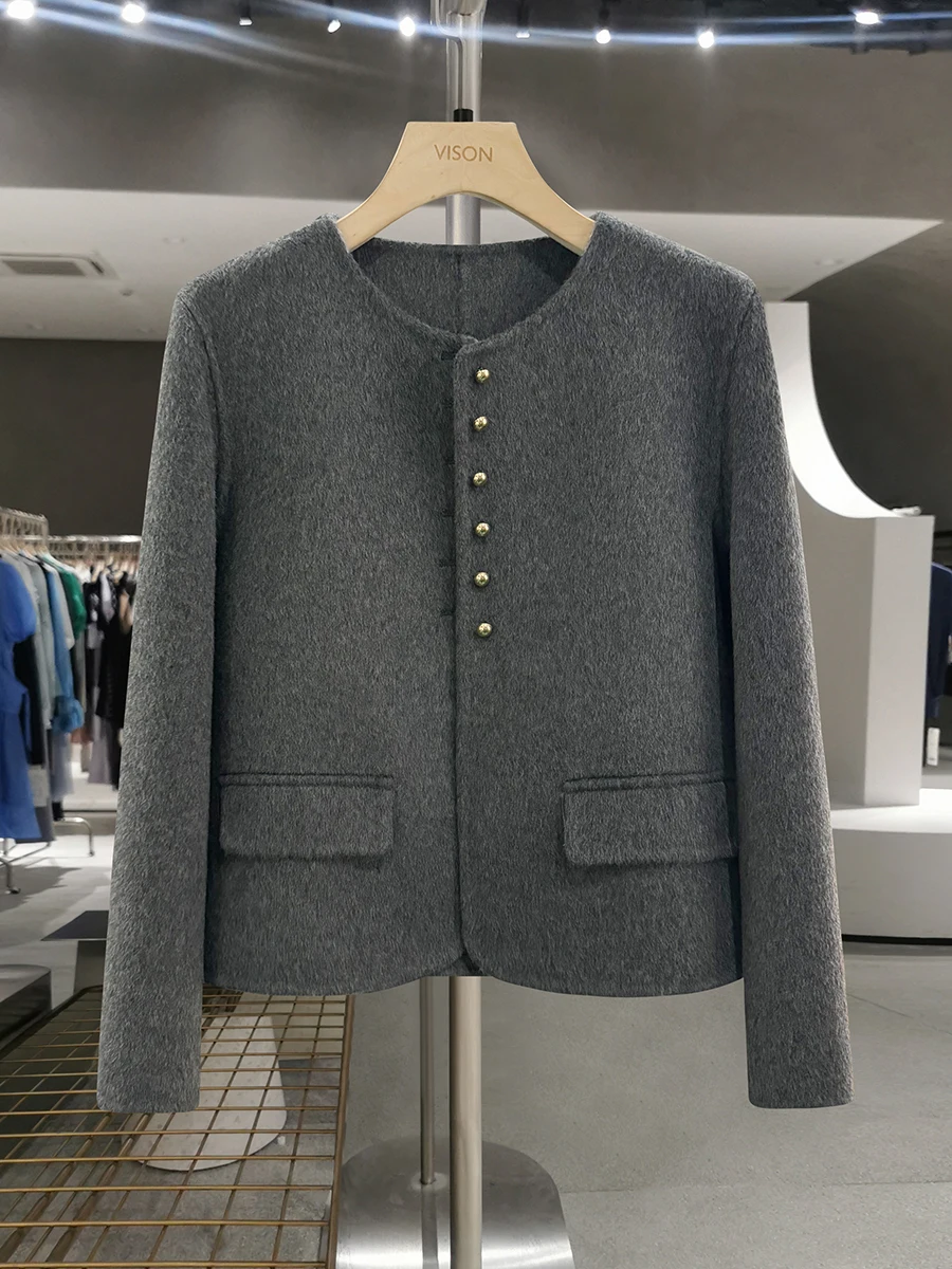 

Deep ey Lazy Woolen Double-Sided Tweed ort Coat Women's Faionable Autumn Winter Coat Youth Pure Color Button Design