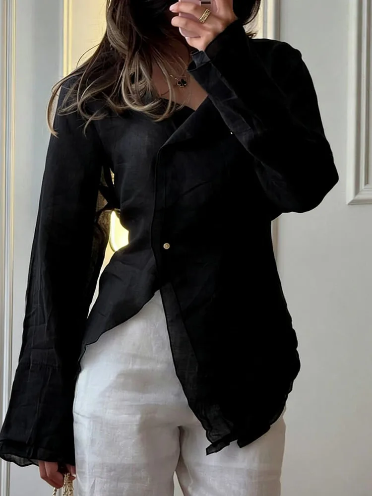 FANTOYE Irregular Long Sleeve Lace Up Women Shirts Green V-Neck Single Button Tops Autumn Winter New Elegant Lady Steerwear 2026