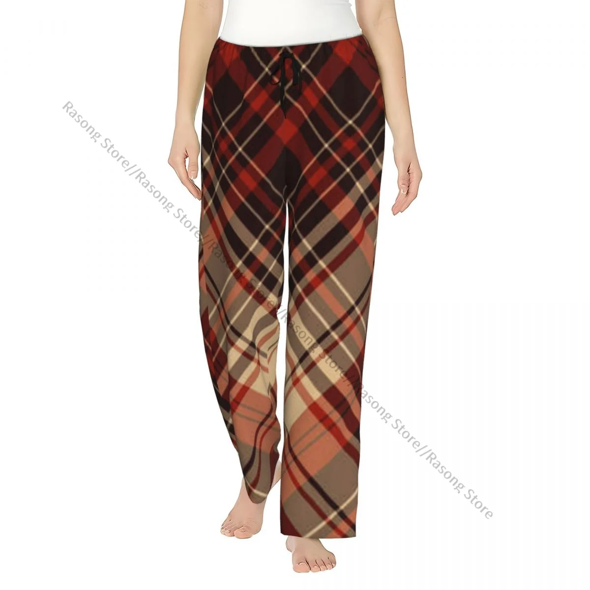 Women Long Pajama Pants Brown And Orange Plaid Lounge Trousers Casual Sleep Bottoms with Pockets