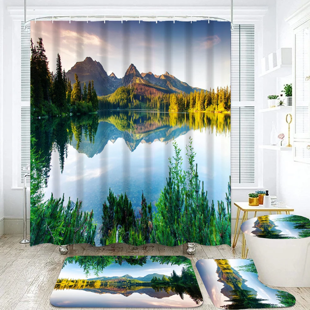 Natural Scenery Forest Waterproof Polyester Shower Curtain Set Anti-slip Soft Bath Carpet Mat Lid Toilet Cover Bathroom Set Deco