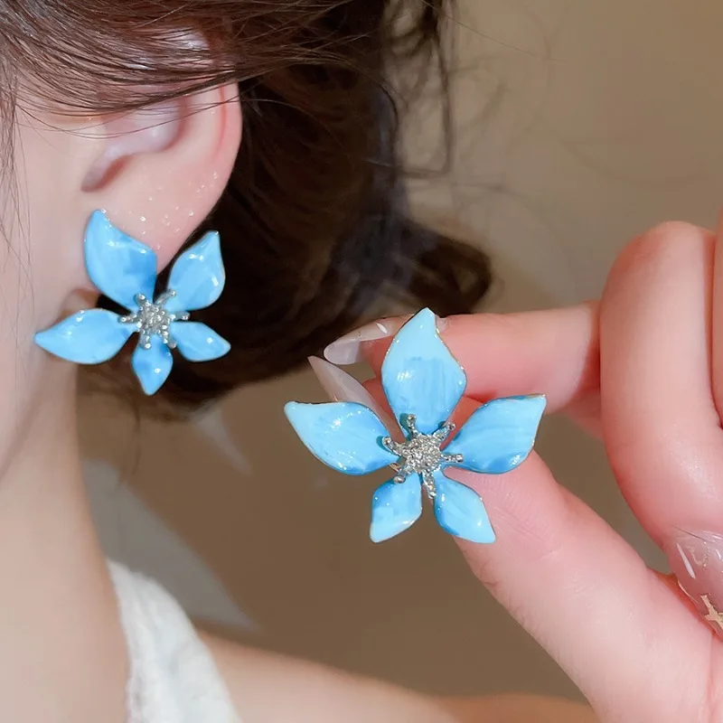 Minar Temperament Multiple Blue Enamel Rhinestones Square Flower Dangle Earrings for Women Statement Holiday Every Day Jewelry