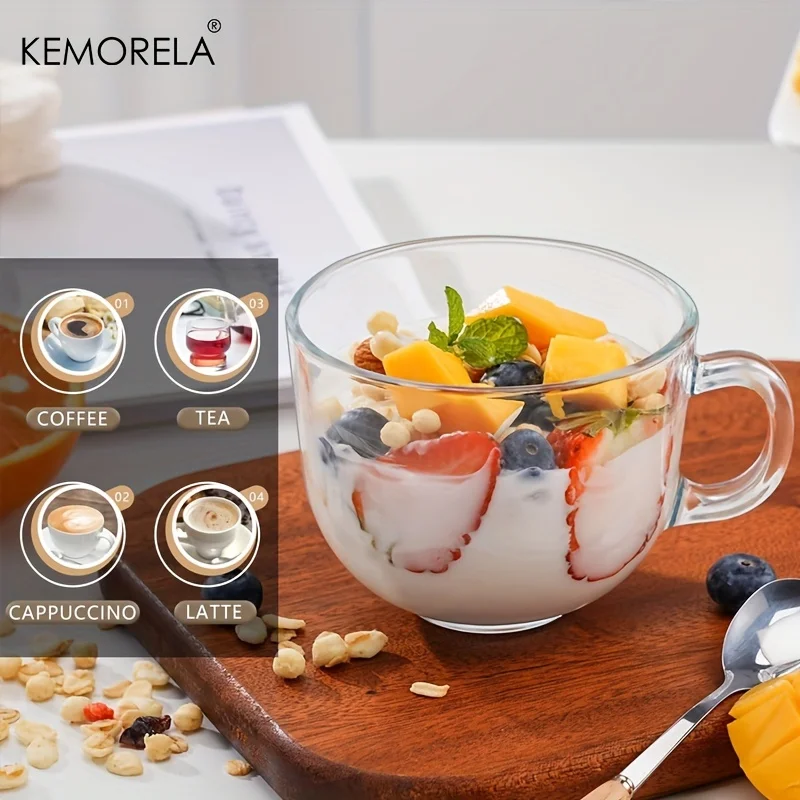 KEMORELA Overnight Oats Cup with Lid and Spoon 400ML Glass Coffee Mug Breakfast Oatmeal Cup Clear Glass Mug For Milk Oatmeal