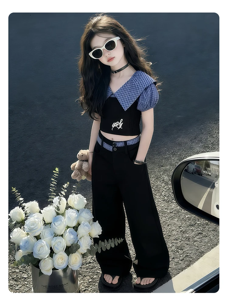 Neue Mode Kinder Streetwear Mädchen Rückenfreies Kleidungsset Crop-Top und Hose 2-teiliger Anzug Kinder Trend Street Trainingsanzug – Detail 3
