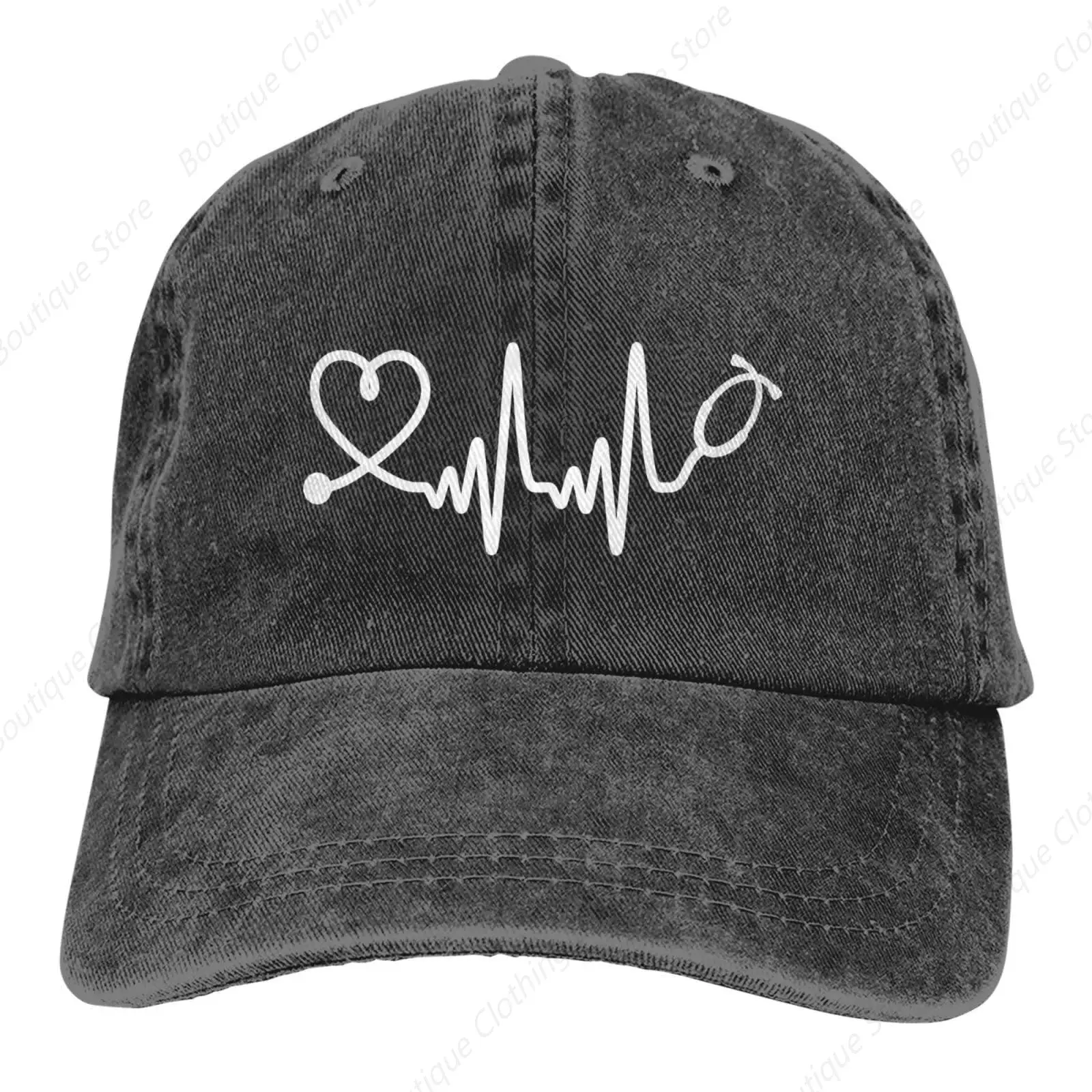 

Women's Heartbeat Stethoscope Hat, Adjustable Vintage Washed Baseball Cap for Dad Mom Black