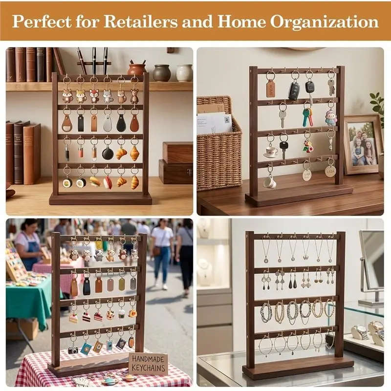 ABLN-Wood Keychain Display Stand For Vendors, Keychain Display Rack With 24 Hooks For Craft Shows & Retail Stores,Jewelry