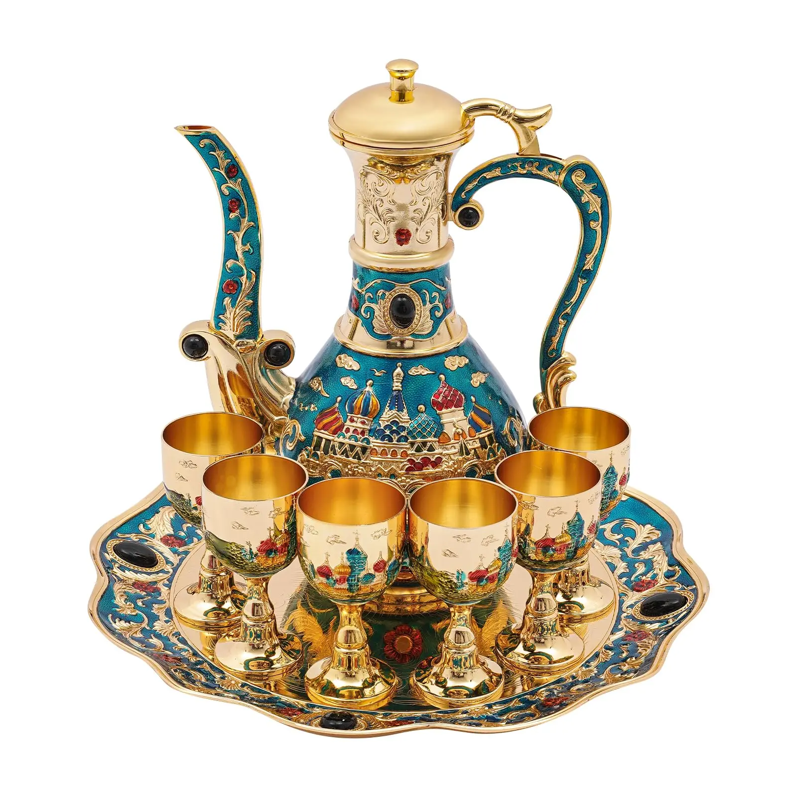 Vintage Turkish Coffee Pot Set, Vintage Teapot Set for Women with Teapot Tray and 6 Cups Home Art Crafts for Women Wedding Ornam