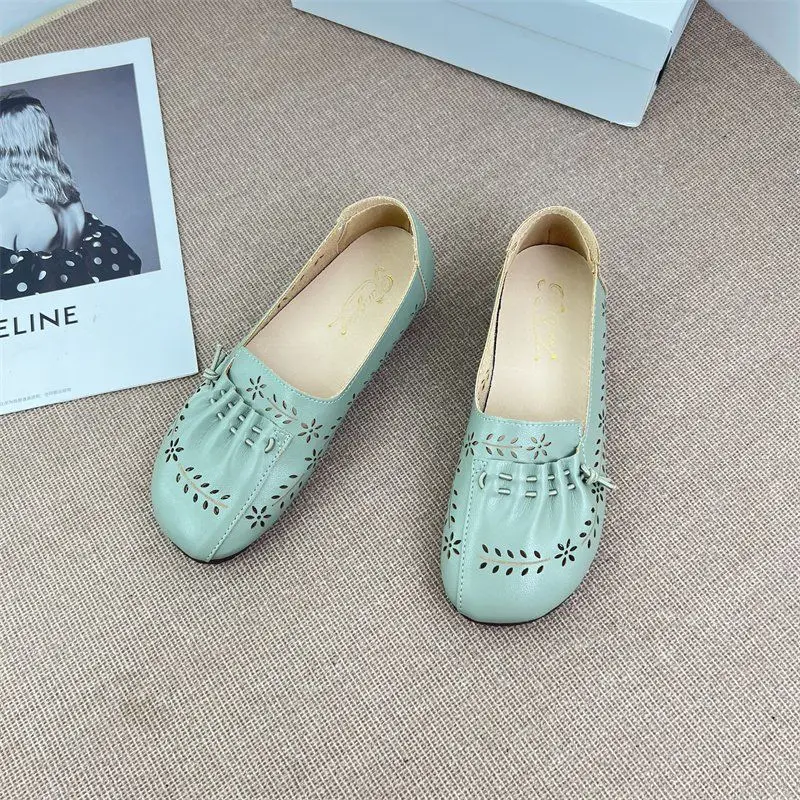 

women's sandals summer 2025 designer drawstring shoes for women flower cut-outs leather moccasins round toe ladies ballet flats
