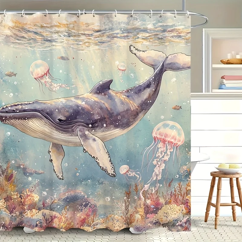1pc Ocean Theme Shower Curtain with Whale & Sea Life Design - 70.8x70.8 Inch Durable Polyester, 12 Hooks Included, Machine Washa