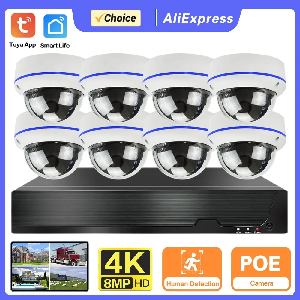 

Система видеонаблюдения Tuya 8MP Ultra HD POE IP с купольными камерами 4K, 8-канальный NVR-комплект, уличная водонепроницаемая камера с аудио, система видеонаблюдения CCTV