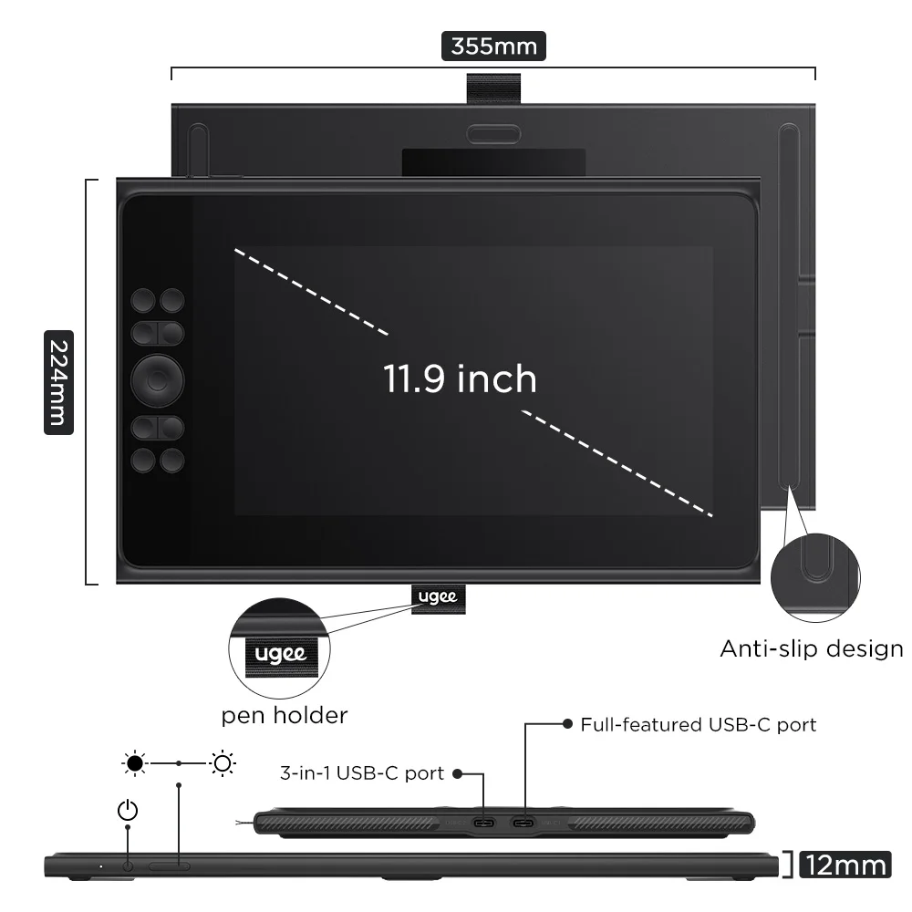 Imagem -02 - Ugee Ue12 Plus 147 Srgb 11.9 Polegadas Desenho Tablet Monitor Roda de Rolagem Teclas de Atalho Desenho Caneta Tablet para pc Mac Android