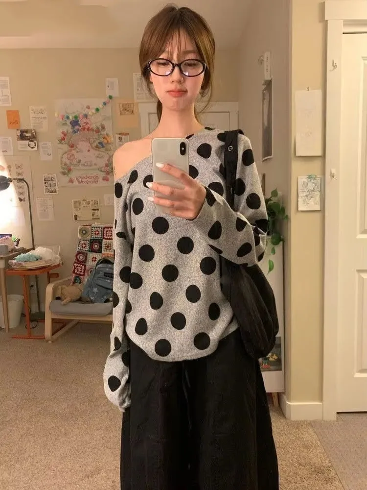 Vintage Polka Dot Print Off Shoulder Long Sleeve T-shirts Women Autumn Winter Loose Casual Lazy Tops Fashion Y2k Tees