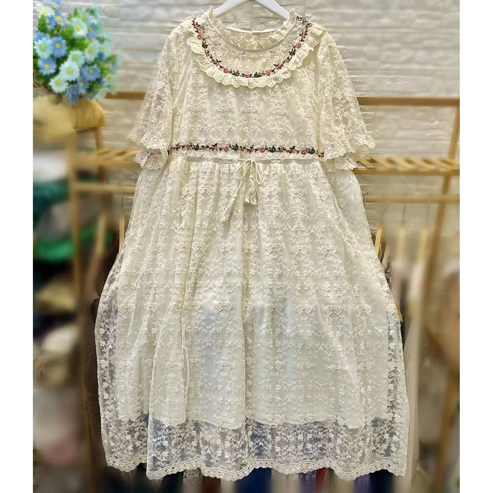 

Vintage Victorian Rococo Lace Cover Floral Embroidery Midi Dress for Women Mori Girl Cottagecore Sweet Lolita Evening Long Dress