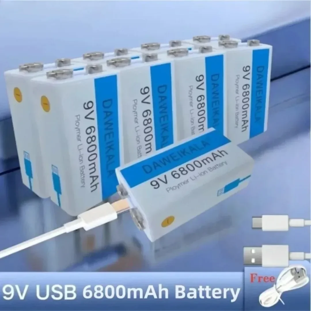 Batteria ricaricabile agli ioni di litio diretta in fabbrica da 9 V 6800 mAh con cavo di ricarica USBType-C adatto per chitarra con microfono wireless