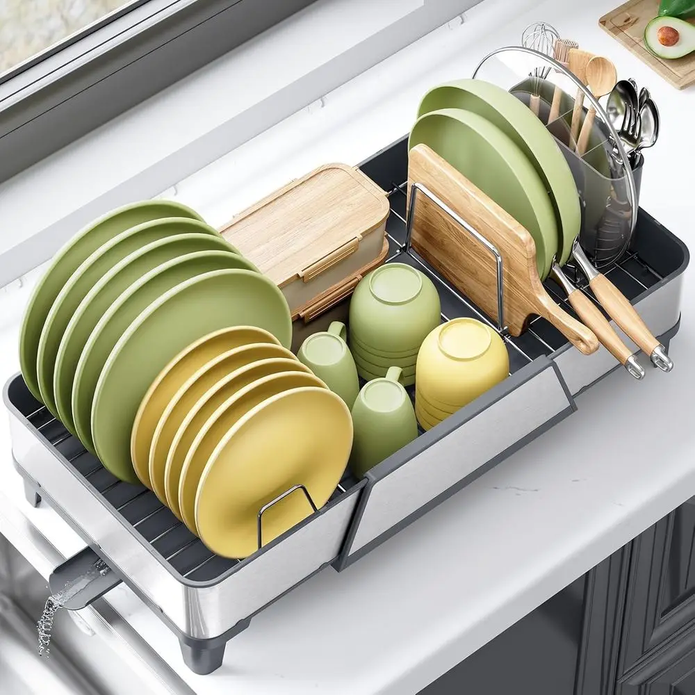 

Triple Expandable Dish Rack, Kitchen Counter, Stainless Steel Sink Organizer, Storage Essentials with Utensil & Pans Holder, Gra