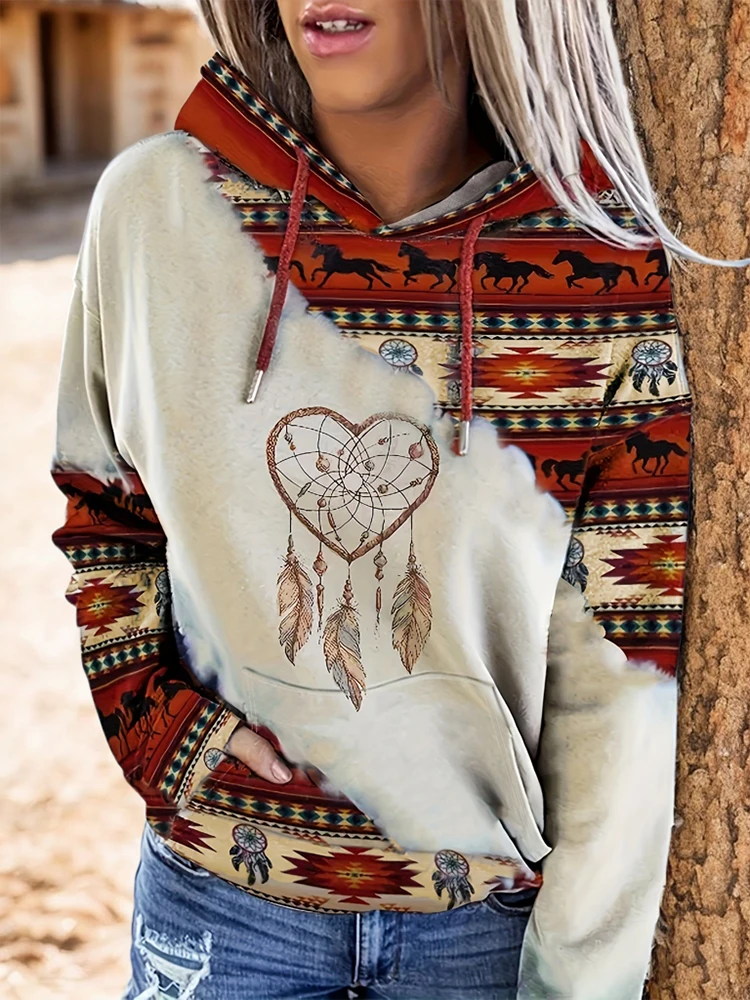 Print Casual Long Sleeve Women Hoodies Kangaroo Pocket Drawstring Hoodies Sweatshirt Autumn Winter Party Female Casual Clothing