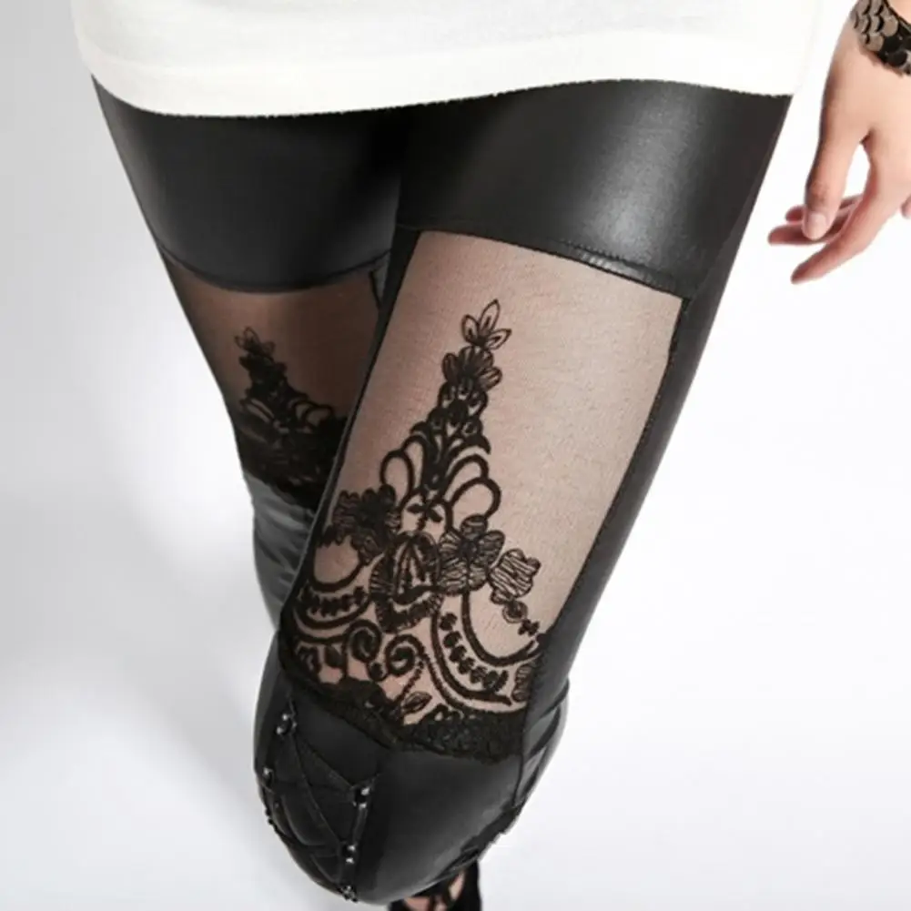 Sexy Faux Leather Hoge Taille Kant Leggings Vintage Gothic See-Through Borduren Kant Broek Hip Lifting Sheer Mesh Skinny broek