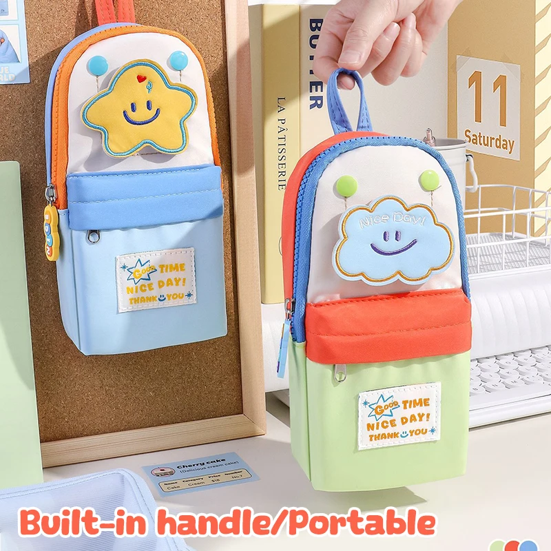 Pencil Case Backpack Shape 3‑Layer Large Capacity Pen Bag Magic Sticker Hanging Stationery Pouch Embroidery Zipper Pencil Box