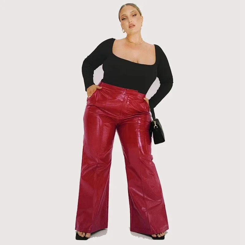 

Plus Size Women Shiny Patent Leather Trousers 7XL High Waist Faux Latex Straight Pants 8XL with Pocket Flare Pants 9XL Clubwear