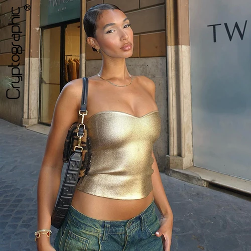 Cryptographic-Tops cortos dorados sin tirantes para mujer, moda Vintage, trajes de fiesta y Club, chaleco de tubo, corpiño Sexy con espalda descubierta Y2K