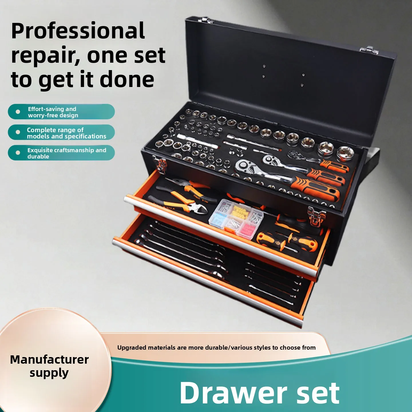 225-Piece Auto Repair Tool Set with Three-Layer Drawer Toolbox, Complete Mechanic Tool Kit for Car Maintenance, Chrome Vanadium