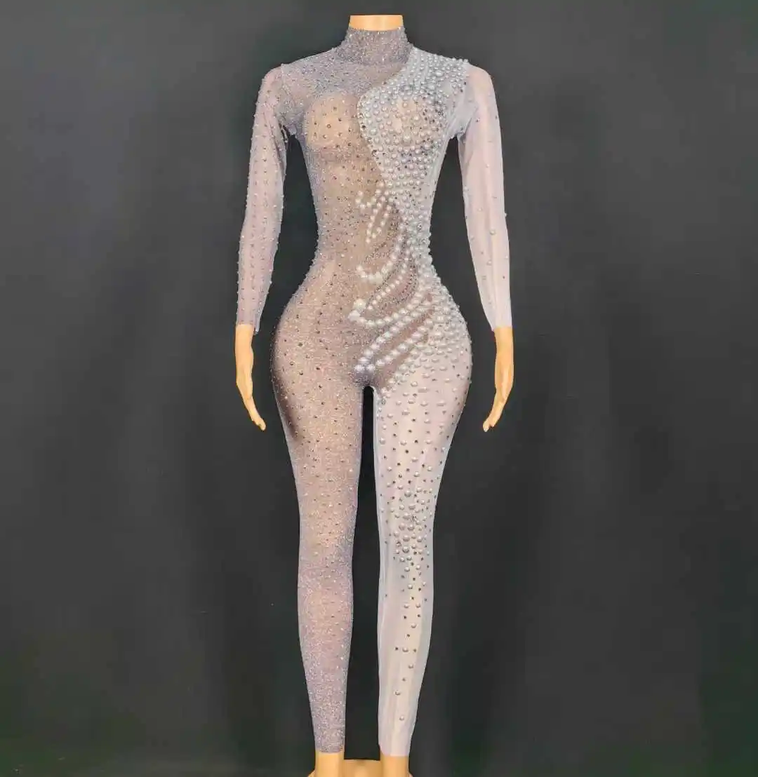 Monos con cuentas de purpurina y diamantes de imitación para mujer, trajes elásticos para el cuerpo, ropa de escenario de lujo para cantante, disfraz de Drag Queen 2024