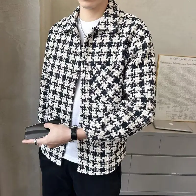 The Spring and Autumn Annals Men Jacket Streetwear Xiaoxiangfeng Houndstooth Weave Chao Pai Tops Black and White Grid Leisure