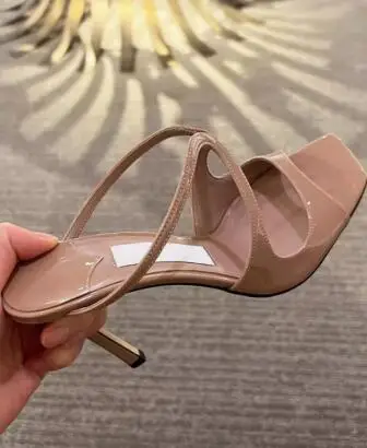 Small Size 33 Women Nude Shiny Patent Leather Square Peep Toe Cross Strap 6 8 CM Thin Heels Slip On Slippers Party Dress Sandals