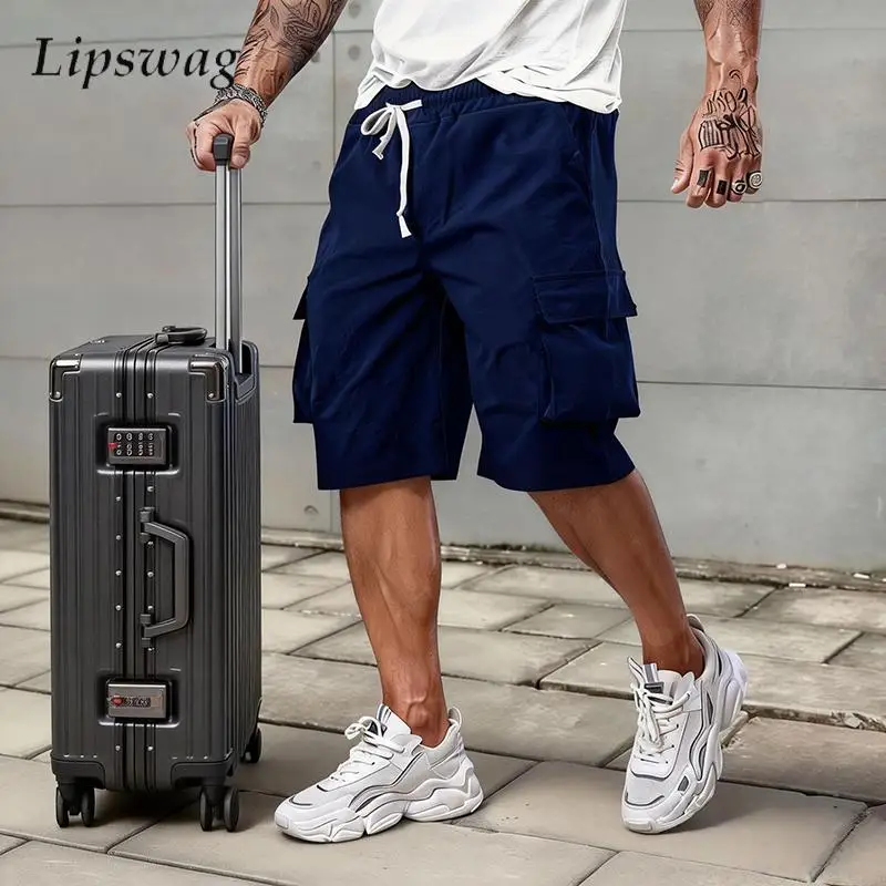 

Spring Summer Streetwear Mens Cargo Shorts Vintage Solid Color Multi Pocket Loose Bottoms Men Daily Leisure Drawstring Shorts